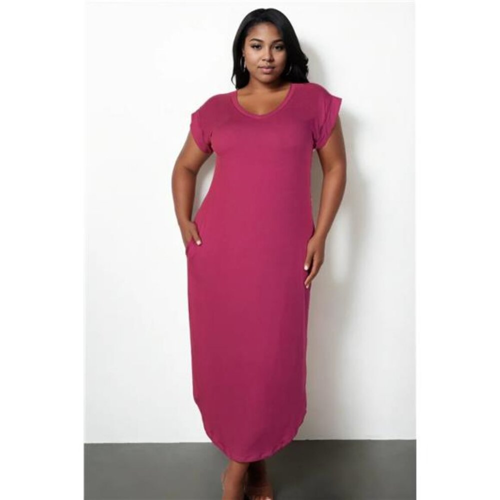 Plus Size Hidden Pocket Batwing Sleeve V Neck Long Maxi Dress